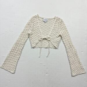 Pink Rose Cream White Crochet Tie Front Shrug Cardigan Sweater, Size XS